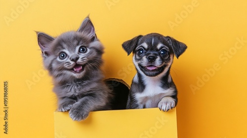 Adorable kitten and puppy peeking over yellow box, showcasing playful friendship and cute animal companionship with bright expressions and charming poses