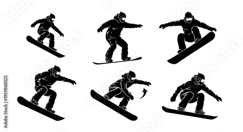 Snowboarder Silhouette Set: Action Poses in Black and White