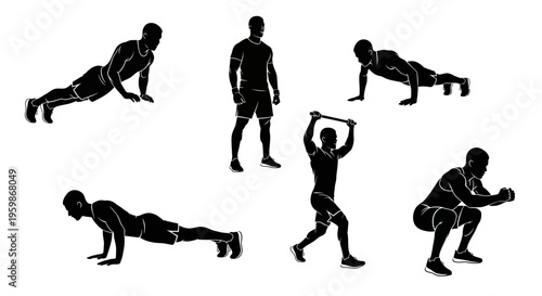 Silhouette of man performing various fitness exercises, including push-ups and squats.
