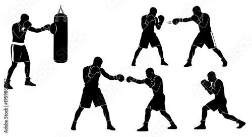 Boxing Silhouette Set: Training, Punching Bag, Fighting Poses, Sports Action
