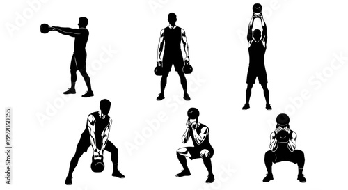 Kettlebell workout silhouette: Various strength training exercises shown in black and white.