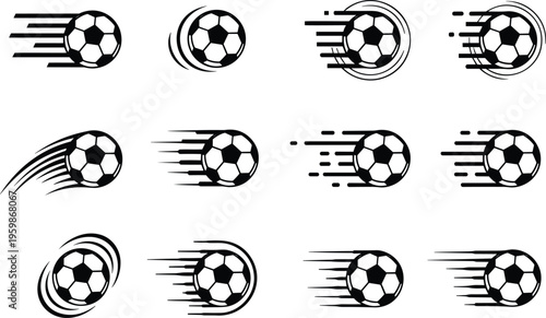 Soccer ball motion vector icons set for sports design projects showing speed and movement on grid background.