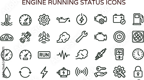 Engine running status outline icon set featuring automotive diagnostics monitoring fuel temperature battery maintenance dashboard indicator symbols vector collection
