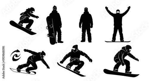 Snowboarder Silhouettes: Action Poses and Standing Figures