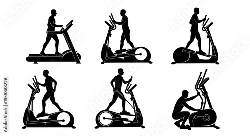 Silhouette Set of People Exercising on Elliptical Machines and Treadmill