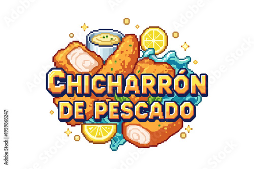 Colorful pixel art of fried fish dish with lemon and sauce