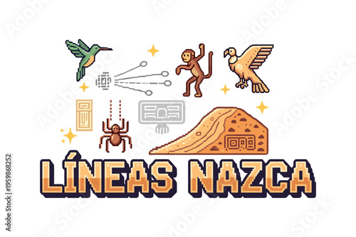 Pixel art of nazca lines with iconic figures in retro style
