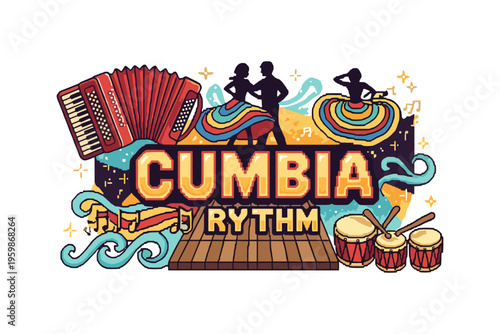 Colorful celebration of cumbia dance and music with instruments and performers