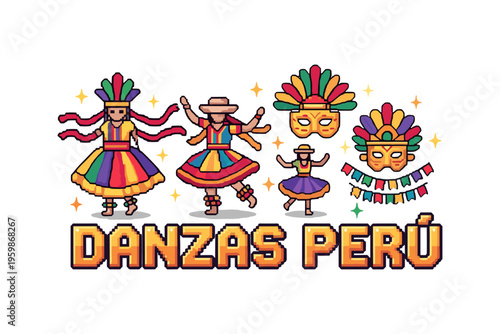 Colorful peruvian dances pixel art with traditional costumes and masks