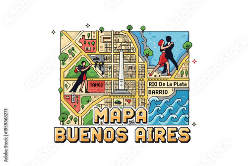 Colorful map of buenos aires featuring tango scenes and iconic landmarks