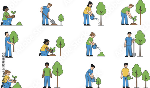 Flat vector illustration set of diverse people gardening planting trees watering plants and digging soil for environmental and community projects.