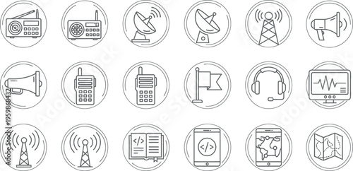 A comprehensive vector collection showcasing essential line icons for telecommunication, broadcasting, digital media, and navigation, perfect for web and app design.