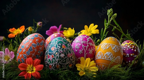Beautifully decorated Easter eggs with intricate traditional patterns displayed among colorful spring daisies and fresh grass against dark background, festive holiday composition.