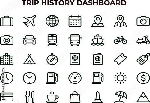 Trip history dashboard outline icon set featuring travel transport booking navigation tourism activity tracking interface symbols vector collection