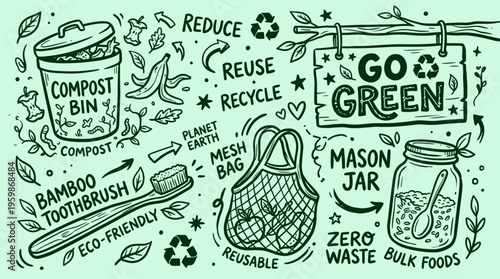 Eco friendly lifestyle illustration with compost bin bamboo toothbrush mesh bag and mason jar promoting zero waste and sustainability