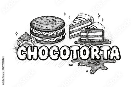 Delicious argentine chocotorta with coffee splash in black and white sketch style