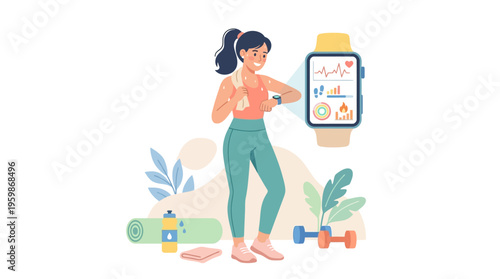 Woman checking fitness tracker smartwatch after workout.