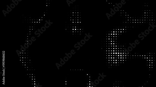 Dynamic halftone waves effect. White dots on black background. Digital glitch noise. Halftone animation. Randomly glowing dots. Bussines data and technology bacground. Video effect.