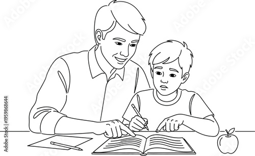 Supportive father patiently guides his young son through homework assignment using an open book and pointing to the lesson details