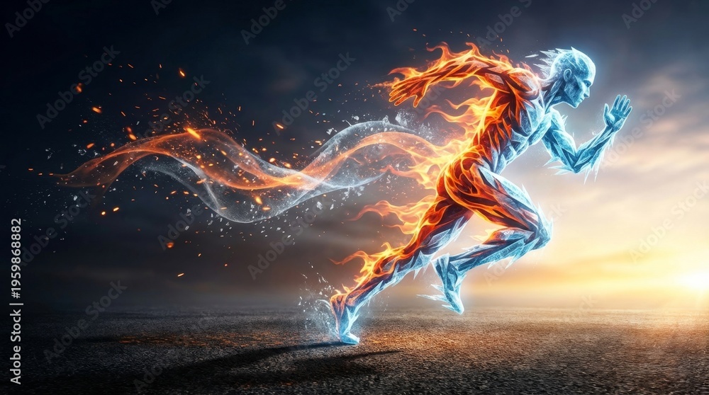 Fototapeta premium Fiery and Icy Figure in Dynamic Motion with Flames and Water Elements
