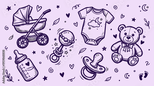 Charming hand drawn baby essentials collection including a stroller teddy bear bodysuit pacifier bottle and rattle on a soft purple background with hearts and stars