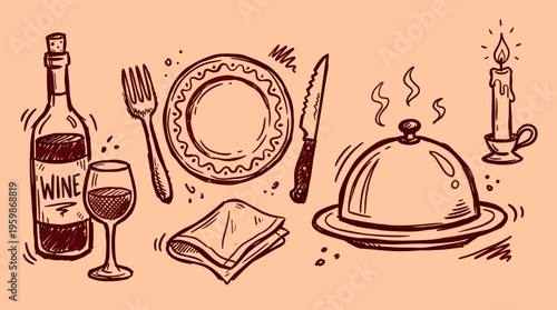 Hand drawn sketch of a romantic dinner setting with wine bottle, glass, plate, cutlery, cloche and candle creating a cozy atmosphere for a special occasion