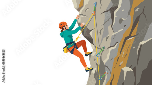 Woman climbing rock face with safety gear.