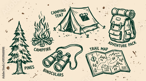 Vintage hand drawn illustration of camping gear including a tent campfire backpack binoculars pine tree and trail map on a textured background