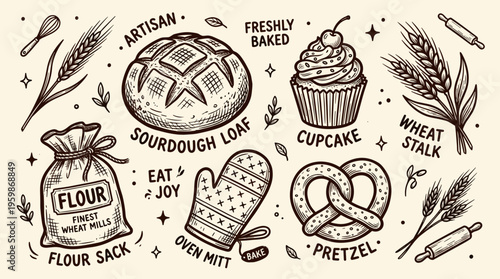 Artisan sourdough loaf cupcake pretzel flour sack oven mitt wheat stalks and rolling pin hand-drawn sketch for bakery and baking themes