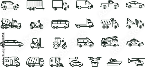 Transportation vehicle outline icon set featuring cars trucks emergency agriculture construction air sea delivery transport collection vector illustration