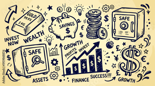 Financial growth and investment concept with piggy bank gold bars safes and rising graph symbolizing wealth and success
