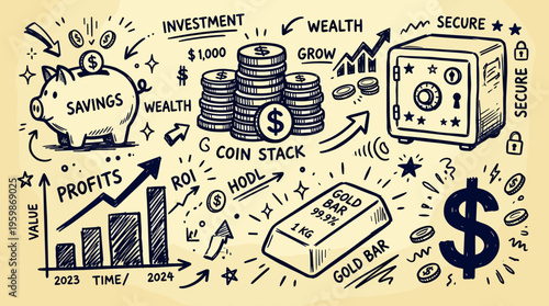 Financial growth and investment concept with piggy bank coins gold bar safe and charts showing profits and wealth accumulation