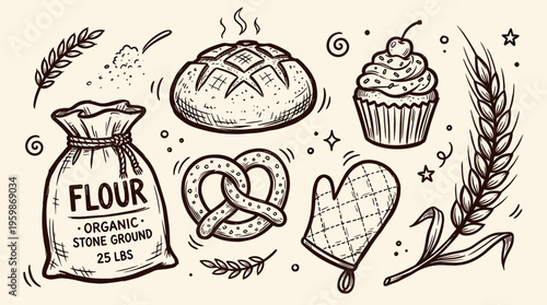 Hand drawn sketch of baking ingredients and baked goods including flour sack, bread, cupcake, pretzel, and wheat stalks, representing homemade baking and artisanal food preparation
