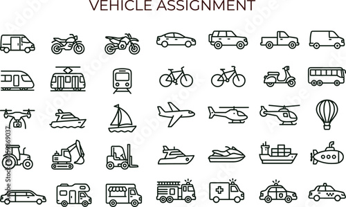 Vehicle assignment transportation outline icon collection featuring land air sea mobility logistics emergency delivery transport symbols vector set