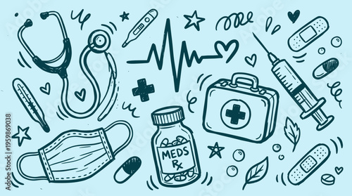 Doodle style medical icons and symbols on a light blue background representing healthcare and medicine concepts