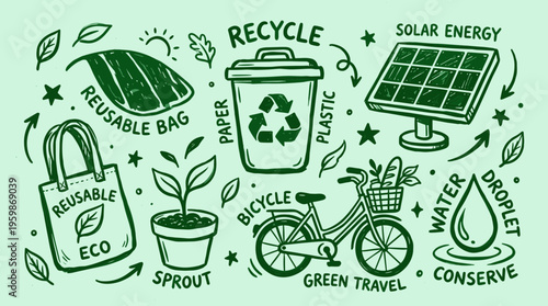 Eco friendly lifestyle concept with reusable bag sprout solar panel bicycle and recycle bin promoting sustainability and green living