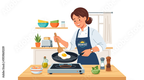 Woman cooking fried egg on stove wearing apron.