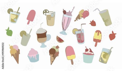 Hand drawn summer drink and ice cream icons vector with playful beverages and dessert elements isolated on white