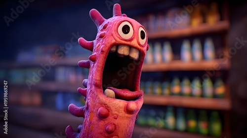 An animated creature making a surprised expression. It has a pink, oblong body and an open mouth. Background appears to be a store