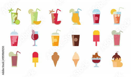 Flat summer beverages and ice cream icons vector set with refreshing drinks and desserts isolated on white background