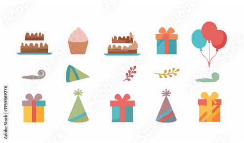 Flat birthday celebration elements vector set with cake cupcake gifts balloons and party decorations isolated on white background