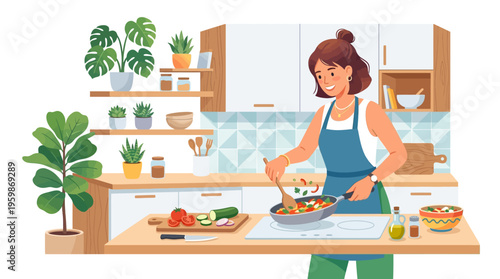 Woman cooking healthy food in a modern kitchen.