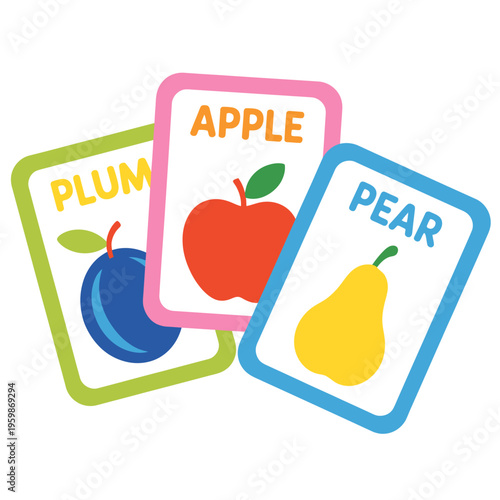 Colorful illustration of fruit cards with apple pear plum
