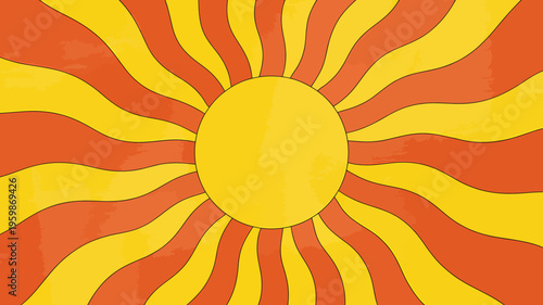 Vibrant sunburst design with yellow and orange wavy rays emanating from center
