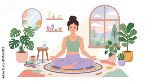 Woman meditating peacefully in lotus pose indoors.