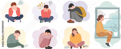 Depression and anxiety illustration set, sad people emotions, mental health issues, stress burnout concept, psychological support awareness, therapy vector design