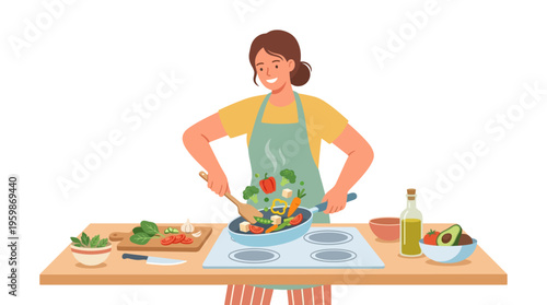 Woman cooking healthy vegetables in a pan on a stove.