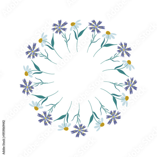 Vector wreath with wildflower. Daisies and Cornflowers decorative circle frame. Elegant floral round border. Hand drawn flat design illustration for card, invitation, banner, textile. 