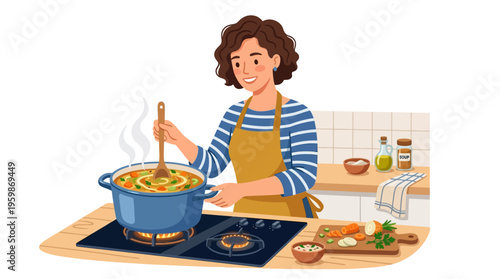 Woman cooking healthy soup in a pot on stove.