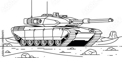 Powerful modern main battle tank illustration ready for military conflict and ground combat operations with heavy armored vehicle design in a stylized black and white line art vector graphic.
